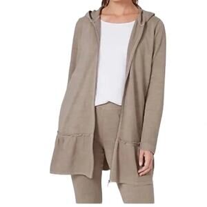 Pure Jill Hooded Peplum Jacket L Beige Soft French Terry Layering Cozy Chic